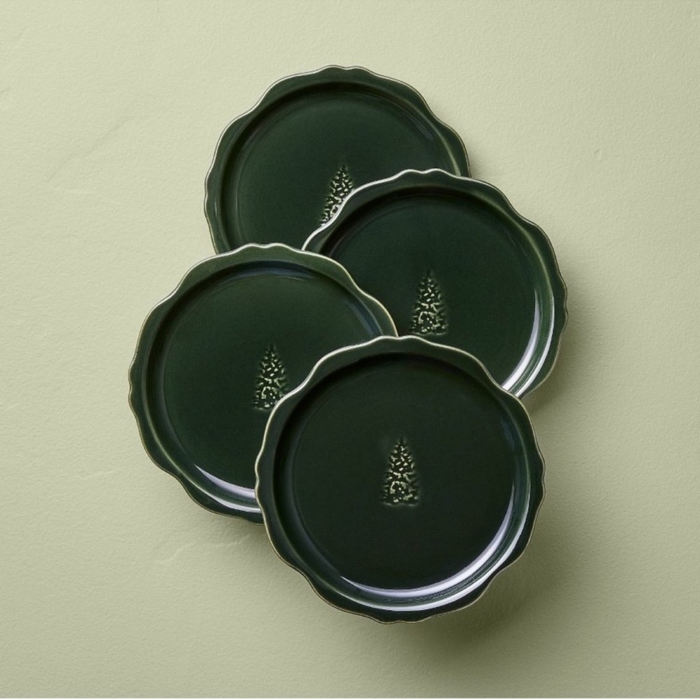4pk 7" Stoneware Carved Ribbed Edge Appetizer Plate Tree Icon -Hearth & Hand New